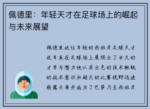 佩德里：年轻天才在足球场上的崛起与未来展望