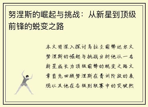努涅斯的崛起与挑战：从新星到顶级前锋的蜕变之路