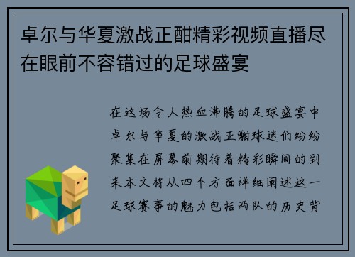卓尔与华夏激战正酣精彩视频直播尽在眼前不容错过的足球盛宴