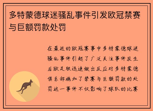 多特蒙德球迷骚乱事件引发欧冠禁赛与巨额罚款处罚